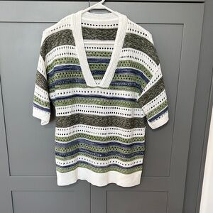 Women’s Sz L Striped V-Neck Sweater - Green, Blue, White